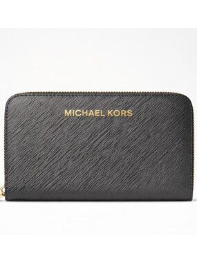 Michael Kors Jet Set Zip Around Wallet Small Saffiano Leather NWT Gold Logo
